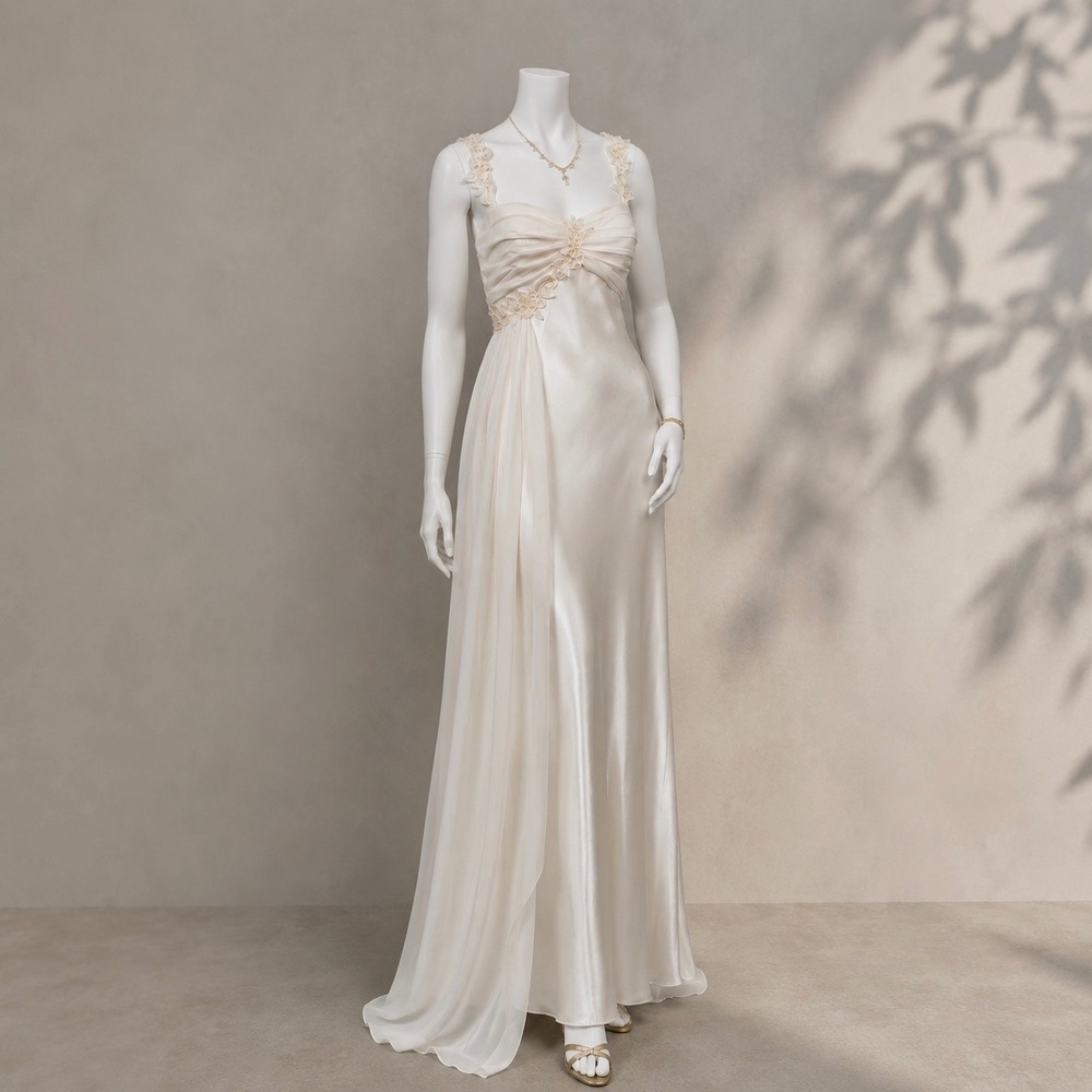 Vintage 90s Nightway Ivory Satin Dress Beaded Empire Waist Formal Gown L /XL